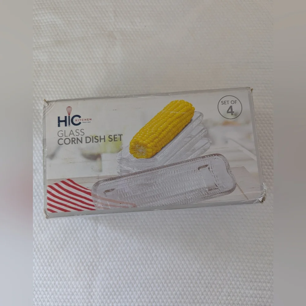 New 4 Vintage Clear Glass CORN ON THE COB Individual Serving Dish HOLDERS .
